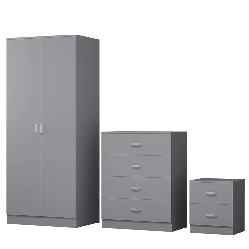 FWStyle Tunis 3 Piece Bedroom Furniture Set including 2 door wardrobe a large 4 drawer chest and bedside cabinet Matt Grey