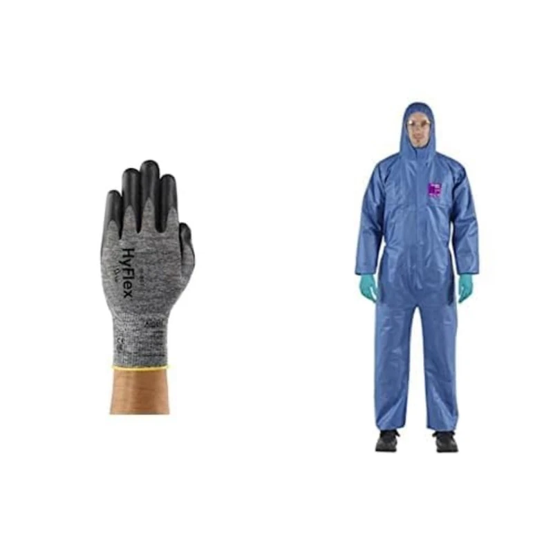 Hyflex 11-801 Multi-Purpose Gloves, Assembly, Mechanics, Black, XL 1 Pack (12 Pairs) + AlphaTec 1500 Model 138, Disposable Work Overall with Hood, Chemical Protection Type 5/6, Size XL (1 Unit)