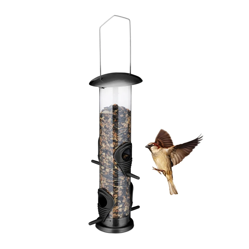 Relaxdays Bird Feeder for Hanging, Feeding Station, Safe from Predators, Easy to Refill, Plastic & Metal, 42x13cm, Black, Iron 50%