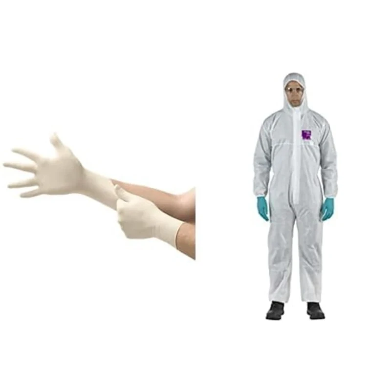 TouchNTuff 69-318 Disposable Latex Gloves with Textured Fingertips White, Size M (100 Gloves) + AlphaTec 1500 Model 138,Disposable Work Overall with Hood, Chemical Protection Type 5/6, Size L (1 Unit)