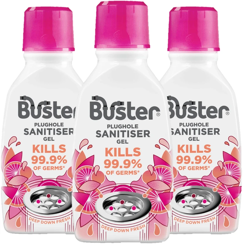 Buster Plughole Sanitiser Gel (Berry - Pack of 3 x 300ml) Fast-Acting Sink and Drain Cleaner for Bad Smells and Stains, Kills 99.9% Germs on Drains & Stainless Steel Sinks, Fresh Scent - Made in UK