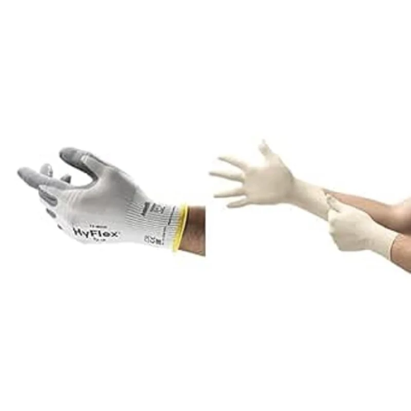 HyFlex 11-800 Professional Work Gloves, Abrasion Resistant with Firm Grip, White, Size L (12 Pairs) + TouchNTuff 69-318 Disposable Latex Gloves with Textured Fingertips, White, Size L (100 Gloves)