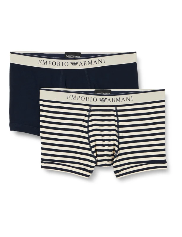 Emporio Armani Men's Stretch Cotton Yarn Dyed Striped 2-Pack Trunk, Marine/Nude Stripe, L