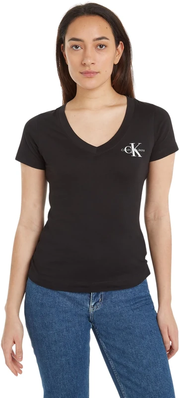 Calvin Klein Jeans Women's 2 Pack Short Sleeve V-Neck Monologo T-Shirts, Black (Ck Black/Bright White), XS - Image 1