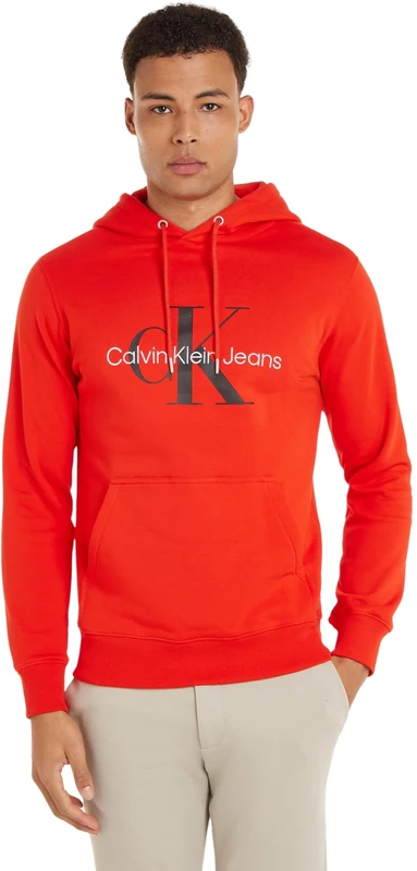 Calvin Klein Jeans Men Hoodie Seasonal Monologo Regular, Red (Fiery Red), XXS