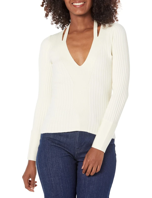 Guess Women's Long Sleeve V Neck Aline Sweater, Cream White, Small