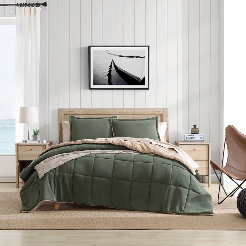 Nautica - King Comforter Set, Reversible Bedding with Matching Shams, Microsuede with Sherpa Reverse, Oek-Tex Certified (Beckett Green) - Image 1