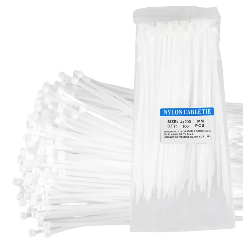200 Pcs White Cable Ties, Nylon Zip Ties, 200mm x 3.6mm Plastic Tie Wraps, Secure Self-Locking Mechanism for Home, Garden, Office and DIY-White