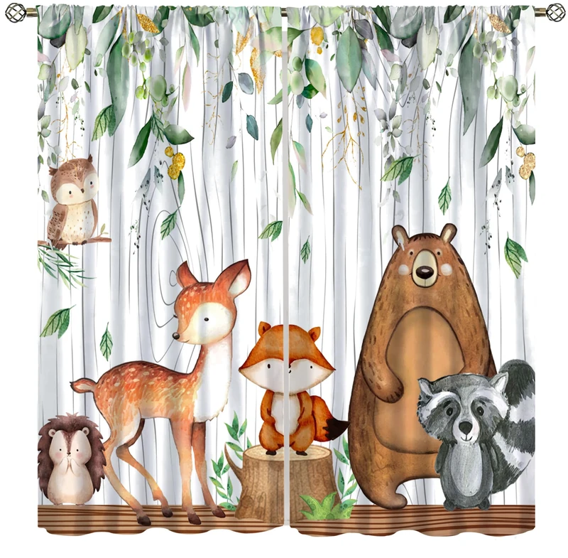 YCness Forest Animal Curtains, Watercolor Wild Animal Bear Fox Deer Kids Window Treatments for Living Room Bedroom,Green Woodland Tree Kids Drapes 2 Panel Sets,52x84 Inch, Style-2