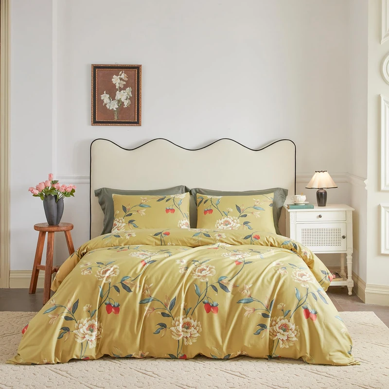 YuHeGuoJi Gold Floral Duvet Cover King 100% Egyptian Cotton Blossom Flower Duvet Cover 3 Pcs Set 1 Chinoiserie Chic Plant Duvet Cover with Zipper Ties 2 Pillowcases Luxury Soft Botanical Bedding Set