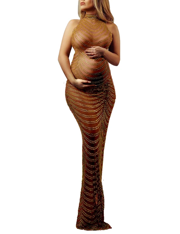 Dedysler Maternity Photography Gown Sleeveless Sexy Shiny Rhinestone Photoshoot Dress for Baby Shower, Brown(Gold Rhinestone), L