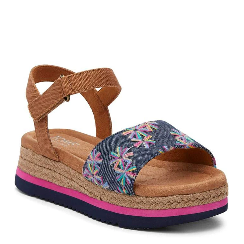 TOMS Girls Diana Wedge Sandal, Navy Embroidered Floral Canvas, 3 UK