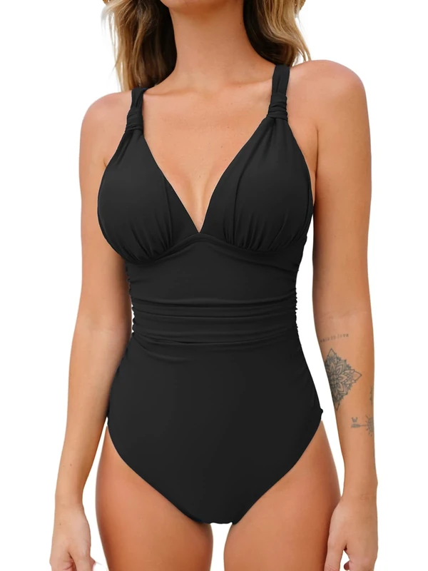 CUPSHE Women One Piece Swimsuit Deep V Neck Tummy Control Ruched V Back Classic Bathing Suits Black XS