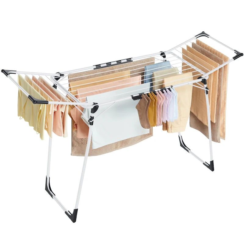 SONGMICS Clothes Drying Rack, 56.5 x 173 x 96.5 cm Winged Clothes Airer, Space-Saving Laundry Drying Rack, with Sock Clips, Metal Structure, for Clothes, Towels, Linens, White LLR518W01