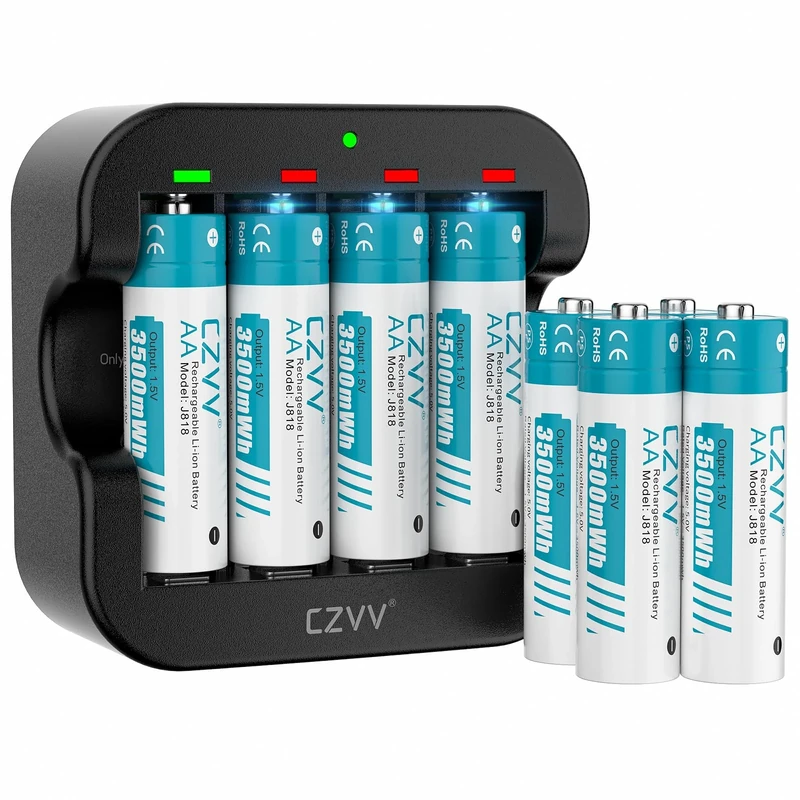 czvv Rechargeable AA Lithium 1.5V Batteries - High-Capacity 3500mWh - 1300 Cycles - Full-Recharged 8 Pack with Ultra Fast Charger, Long-Lasting, Constant Output for Household Office Device