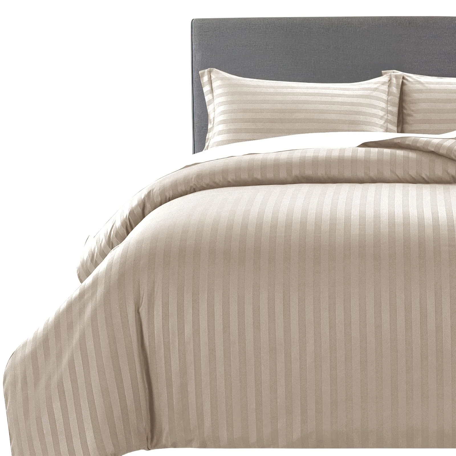 MOONLIGHT20015 Double Duvet Set Reversible Stripes Satin Double Bedding Set with 2 Pillowcases Soft Hypoallergenic Duvet Cover (Beige 200x200 CM)