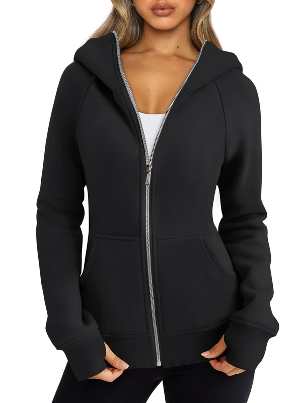 Trendy Queen Womens Zip Up Hoodies Fleece Jackets Sweatshirts Fall Outfits Sweaters With Pockets Winter Y2k Clothes, Black, M