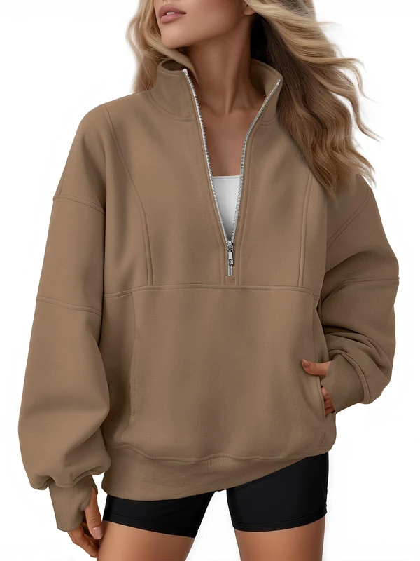 AUTOMET Women's Half Zip Oversized Sweatshirts Fleece Quarter Zipper Pullover Hoodies 2025 Mock Neck Fall Workout Jacket, Coffee, XL