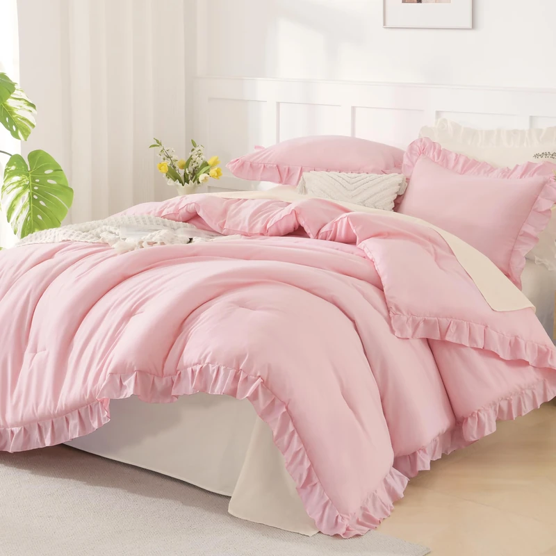 Andency Pink Comforter Set Queen Size, 3 Pieces Solid Pink Ruffle Shabby Chic Comforter Set for Queen Bed, All Season Vintage Rustic Soft Microfiber Bedding Set for Women Girls - Image 1
