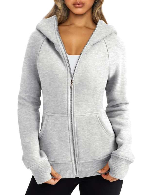Trendy Queen Womens Zip Up Hoodies Fleece Jackets Oversized Sweatshirts Fall Fashion Outfits Sweaters Winter Clothes, Grey, Small