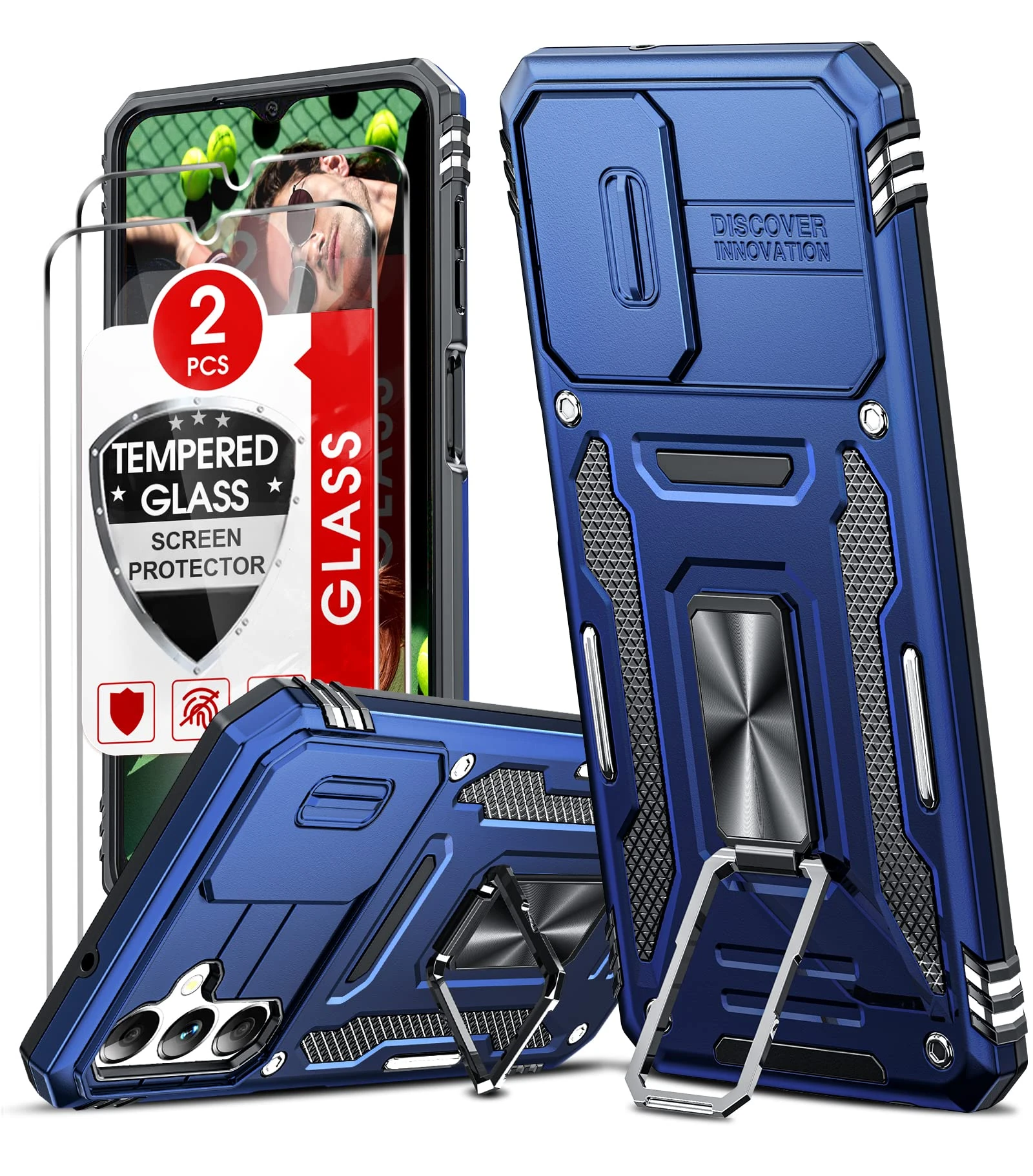 LeYi Armour Case for Samsung Galaxy A14 5G/4G and 2 Pack Screen Protectors, Samsung A14 Case with Camera Lens Cover Slider, Ring Stand Holder Military Grade Protective Shockproof Phone Cover, Blue