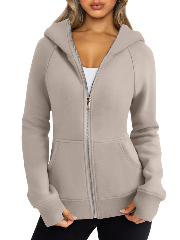 Trendy Queen Womens Zip Up Hoodies Fleece Jackets Oversized Sweatshirts Fall Fashion Outfits Sweaters Winter Clothes, Khaki, XL