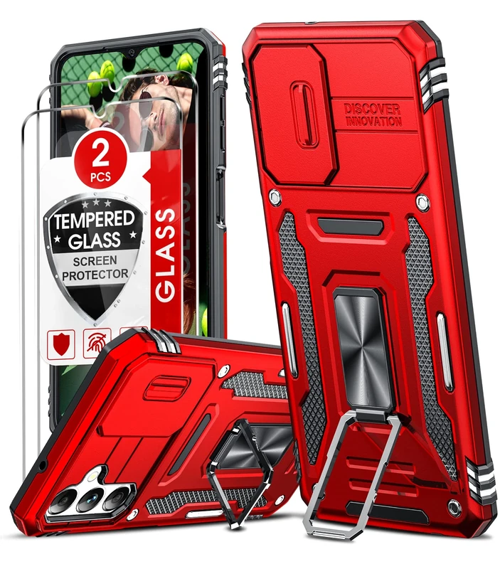 LeYi Armour Case for Samsung Galaxy A14 5G/4G and 2 Pack Screen Protectors, Samsung A14 Case with Camera Lens Cover Slider, Ring Stand Holder Military Grade Protective Shockproof Phone Cover, Red