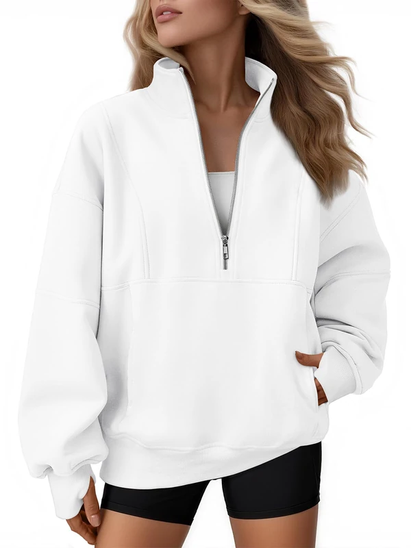 AUTOMET Women's Half Zip Oversized Sweatshirts Fleece Quarter Zipper Pullover Hoodies 2025 Mock Neck Fall Workout Jacket, White, Large - Image 1