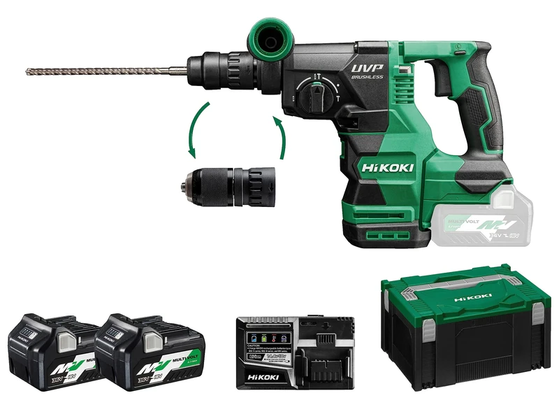 HIKOKI Akku Bohr- und Meißelhammer DH3628DCWRZ, SDS-Plus (36V, 2x2,5 Ah, Schlagenergie 3,2 J, Zubehör: Zusatzhandgriff, Bohrtiefenanschlag, Bohrfutter, 2X Akkus, 1 Ladegerät, 1 HSC III Koffer)