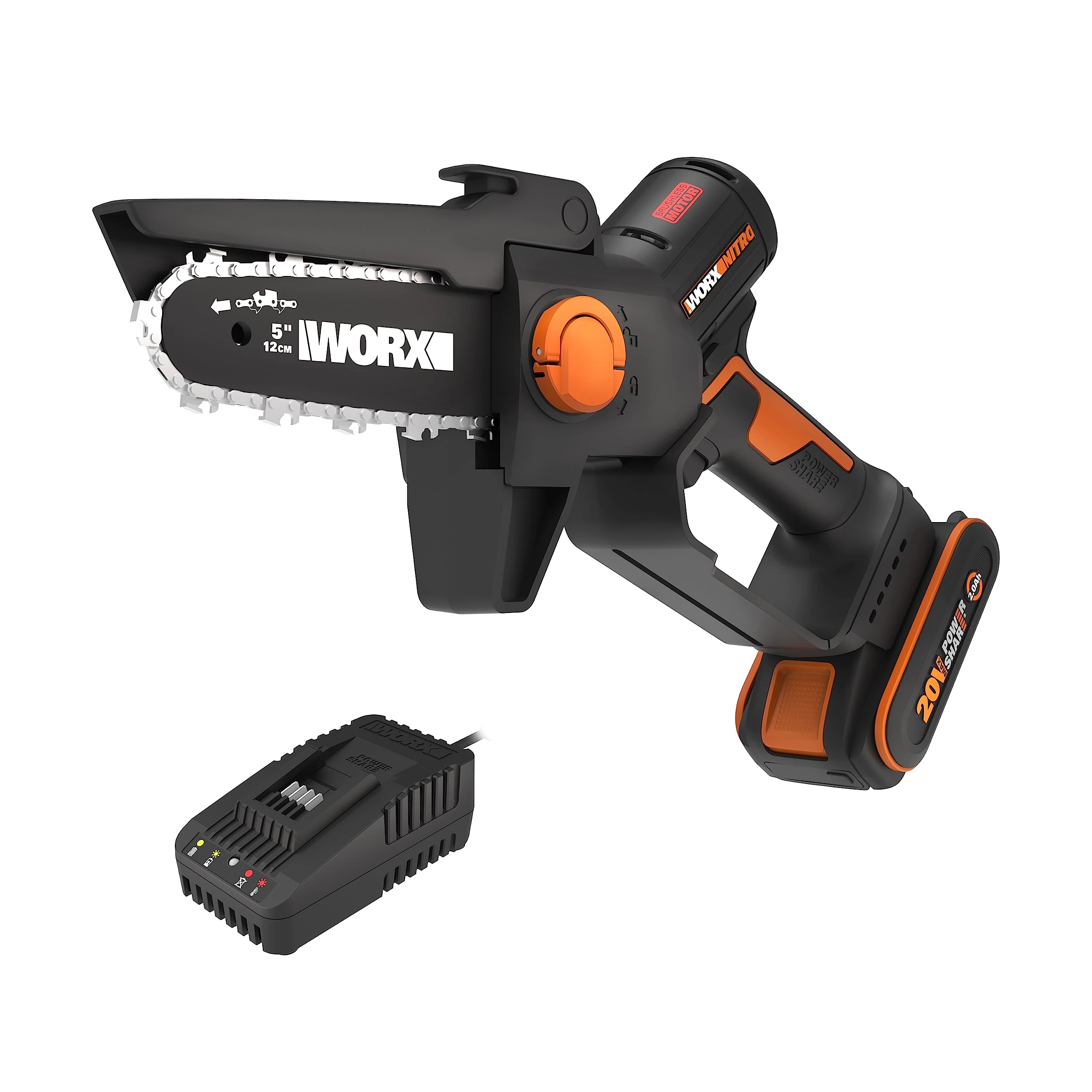 WORX WG325E Nitro Professional Mini Cordless Chainsaw 20 V – One-Handed Branch Saw – Strong Brushless Motor – 12 cm Cutting Length – Lightweight & Compact – Automatic Chain Lubrication – Includes 2Ah