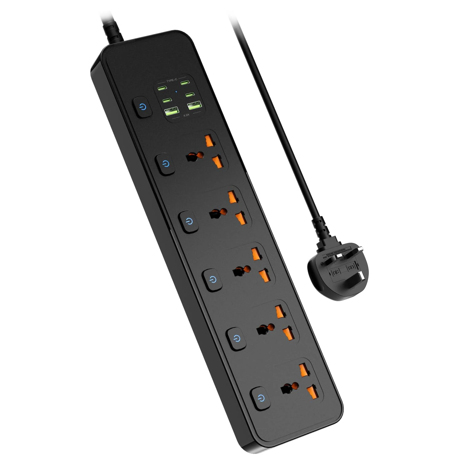 Jasni 3M/9.84FT Extension Lead 5 AC Way with 2 USB+4 Type-C Slots(5V 4.2A), 13Amp UK Plug Power(3250W/13A),Bold Extension Cord with Fuse Surge Protected Power Strip for Home Office (Black)