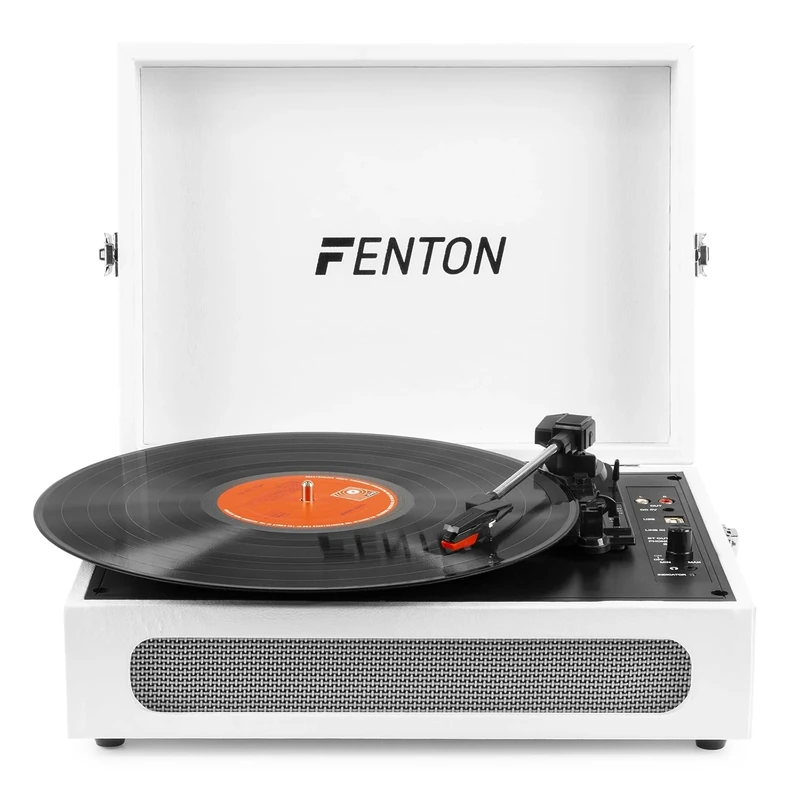 Fenton RP118F Briefcase Record Player with Bluetooth Output, Built-in Transmitter, Portable 3-Speed Vinyl Turntable, Retro Design in White for Easy Listening
