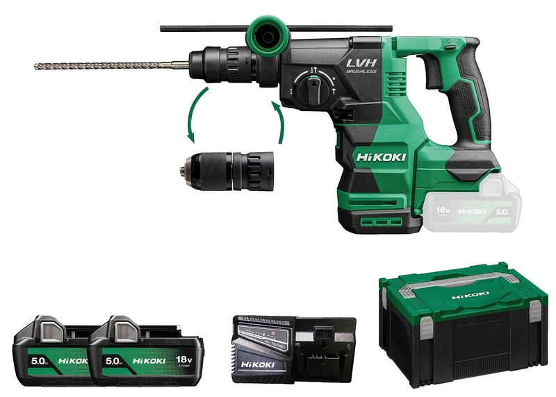 HIKOKI Akku Bohr- und Meißelhammer DH1826DCWPZ, SDS-Plus (18V, 2x5,0 Ah, Schlagenergie 3,2 J, Zubehör: 1 Zusatzhandgriff, 1 Bohrtiefenanschlag, Schnellspann-Bohrfutter, Koffer, Akkus, 1 Ladegerät)