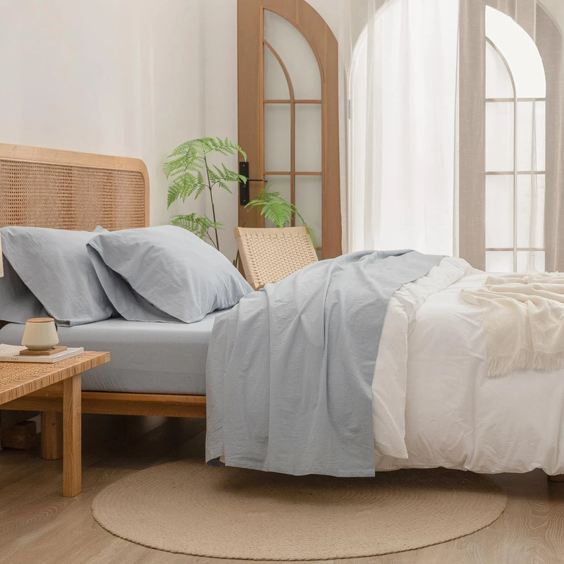 BESTOUCH Full Washed Cotton Linen Feel Sheet Set 4 Pcs Cornflower Blue