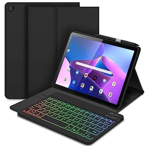 Bettdow Lenovo Tab M10 3rd Gen 10.1" 2022 Backlit Keyboard Case, UK Layout Detachable Wireless Backlit Keyboard with Protective Case for Lenovo Tab M10 3rd Gen 10.1 Inch TB328FU, Dark
