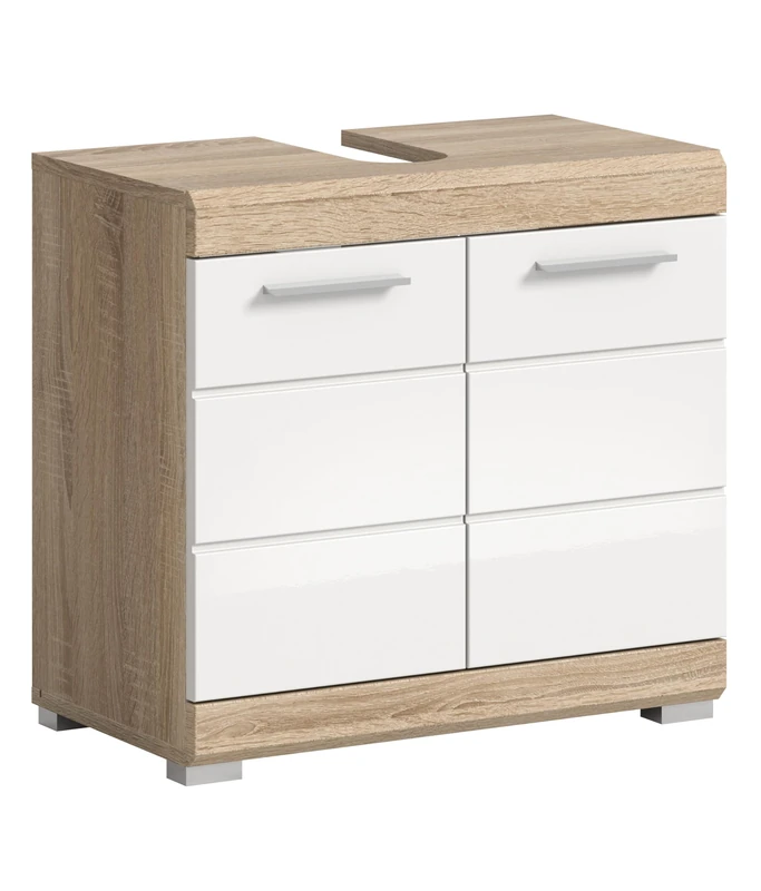 xonox.home Lambada X06F1705 Bathroom Sink Cabinet in Front White High Gloss Body Sonoma Oak Approx. 60 x 56 x 34 cm - Image 1