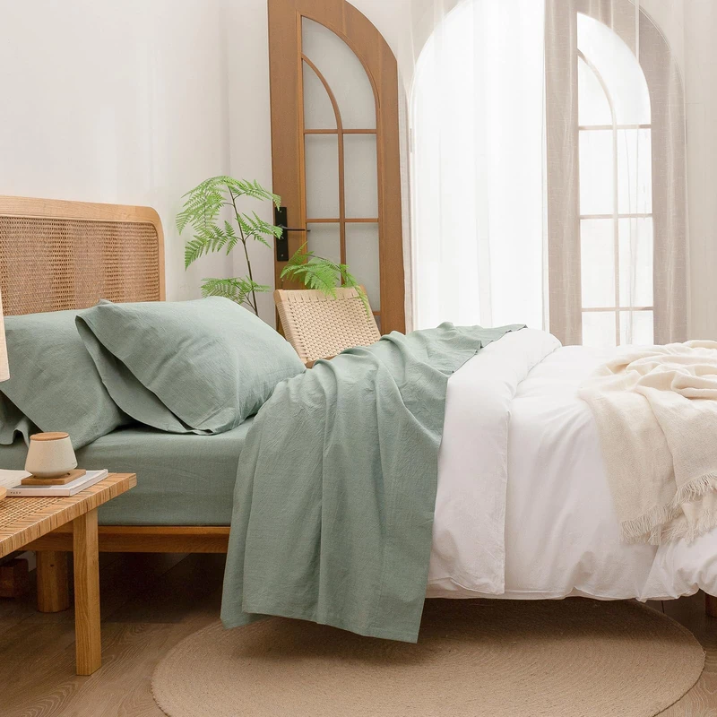 BESTOUCH King Washed Cotton Linen Feel Sheet Set 4 Pcs Solid Green