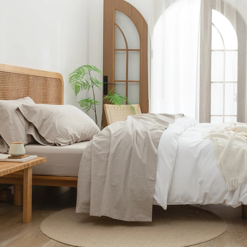 BESTOUCH Full Washed Cotton Linen Feel Sheet Set 4 Pcs Linen Grey