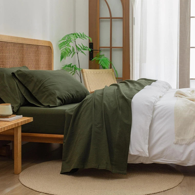 BESTOUCH Full Washed Cotton Linen Feel Sheet Set 4 Pcs Olive Green