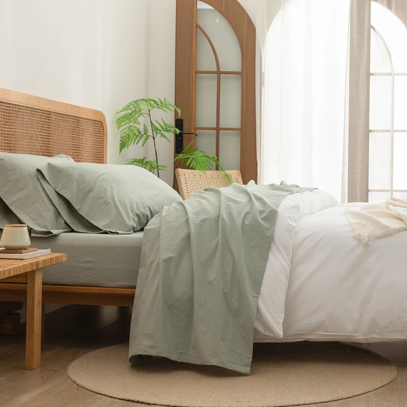 BESTOUCH King Washed Cotton Linen Feel Sheet Set 4 Pcs Sage Green