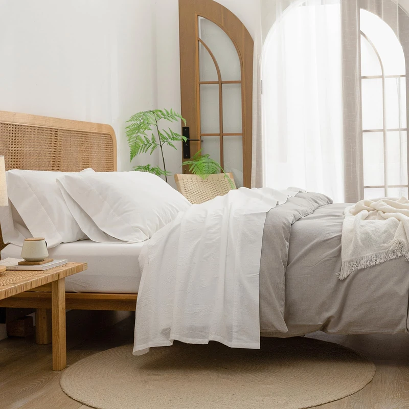BESTOUCH Queen Washed Cotton Linen Feel Sheet Set, 4 Pcs Solid Off White