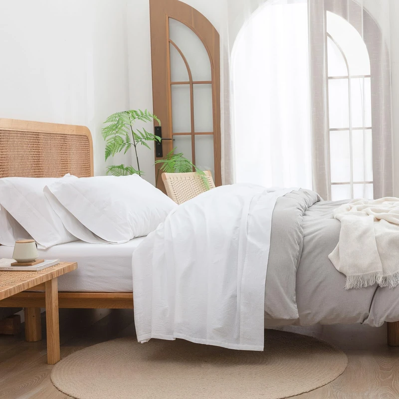BESTOUCH Cal King Washed Cotton Linen Feel Sheet Set 4 Pcs Bright White