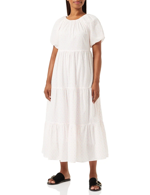 myMo Women's Short-Sleeved Maxi Dress, White, Pink and Orange dots, S