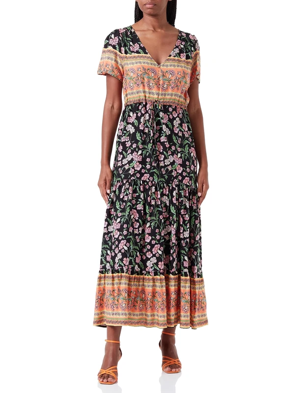 usha FESTIVAL Women's Summer Dress, Black Multi-Coloured, M