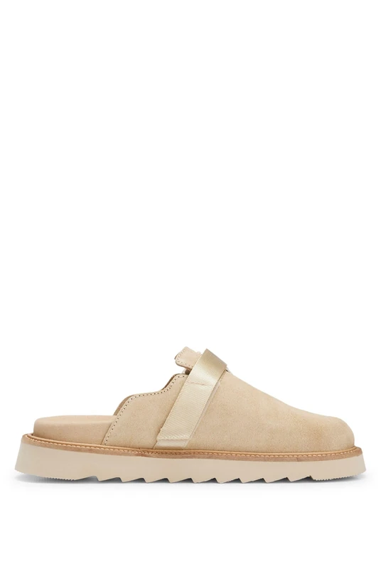 HUGO Mens Syrax slon Buckled-Strap Slip-on Shoes in Suede Size 9 Light Beige