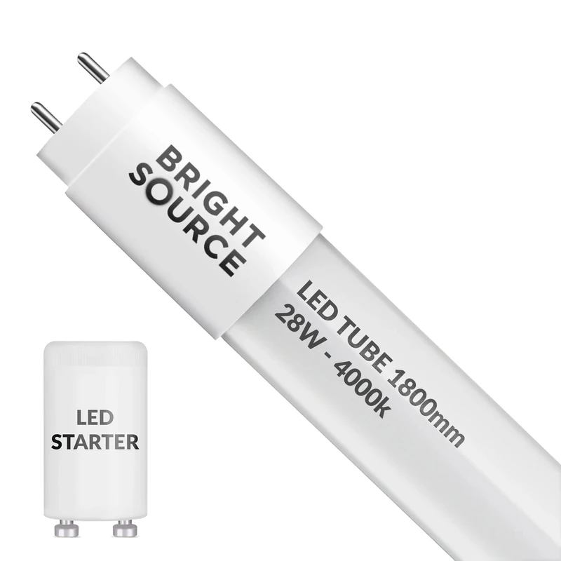 Bright Source 6ft (1763mm) 28w LED T8 Tube, 2520lm, 4000K Cool White, Replacement for 70w T8 Fluorescent, Starter Included - Direct Mains or for use with Switch Start Fitting with Magnetic Ballast