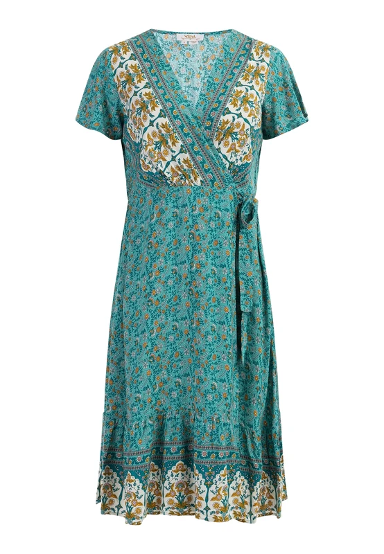 usha FESTIVAL Women's Summer Dress, Turquoise Multi-Coloured, M
