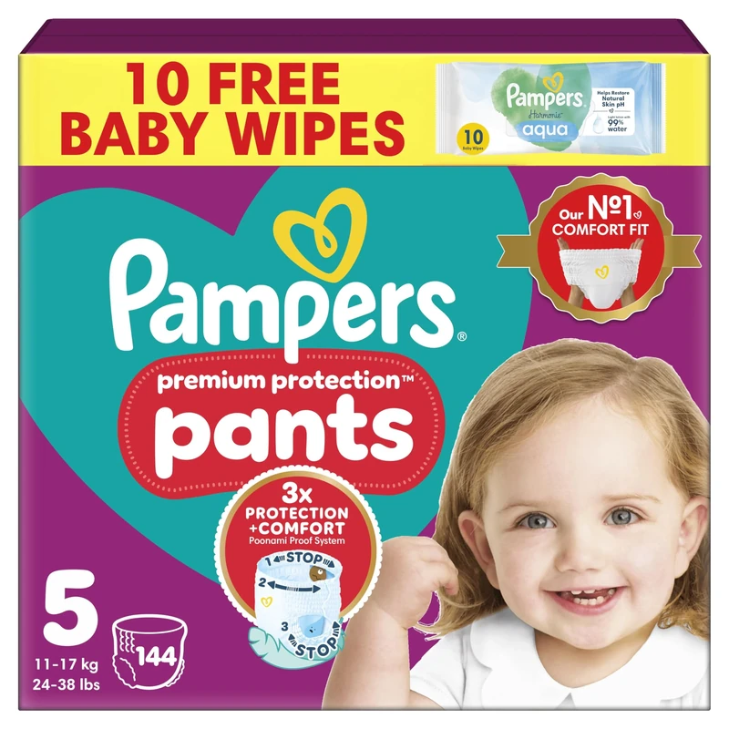 Pampers Premium Protection Nappy Pants Size 5, 144 Nappies, 11kg-17kg, Monthly Pack + Pampers Harmonie Aqua Baby Wipes 1 pack of 10 Wipes
