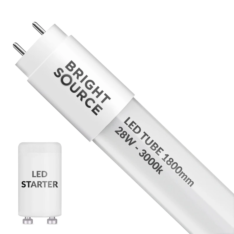 Bright Source 6ft (1763mm) 28w LED T8 Tube, 2520lm, 3000K Warm White, Replacement for 70w T8 Fluorescent, Starter Included - Direct Mains or for use with Switch Start Fitting with Magnetic Ballast