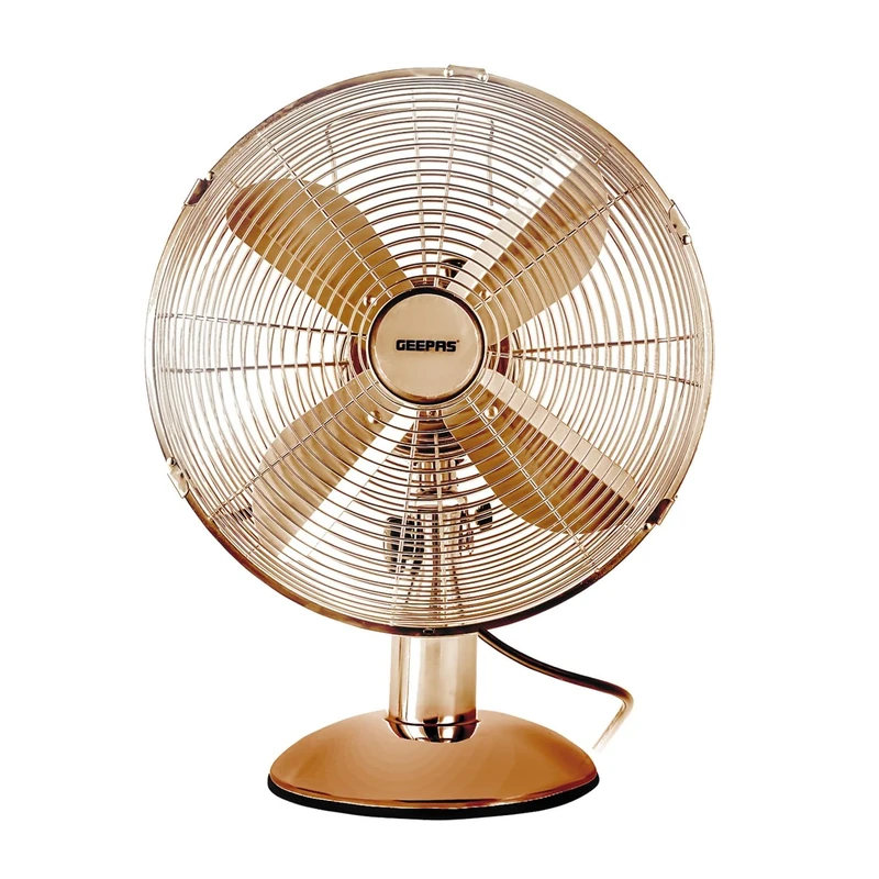 GEEPAS 12” Metal Table Fan | Electric Portable Worktop Desk Fan With 3 Speed 4 PC Aluminium Blades | Adjustable Tilt Wide Angled Oscillation Powerful Airflow for Home Office Use, Copper 35W